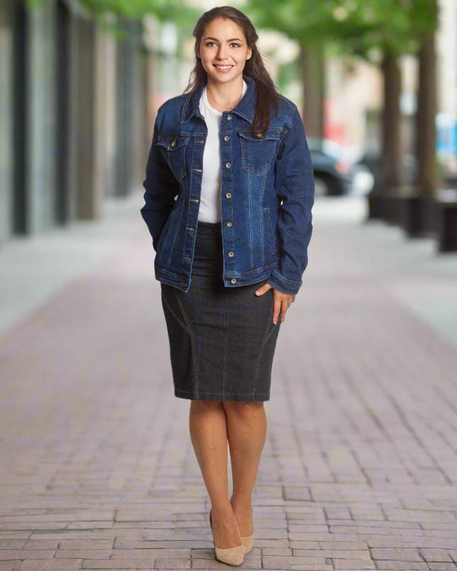 Γυναικείο τζιν μπουφάν με κουμπιά σε σκούρο μπλε