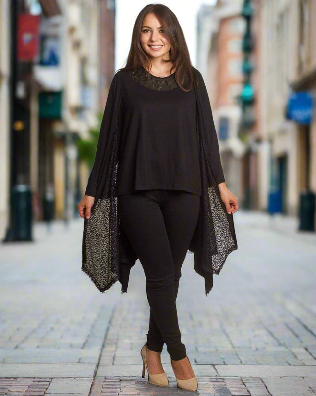 Κομψή μαύρη ζακέτα  άνετη γραμμή για μεγάλα μεγέθη