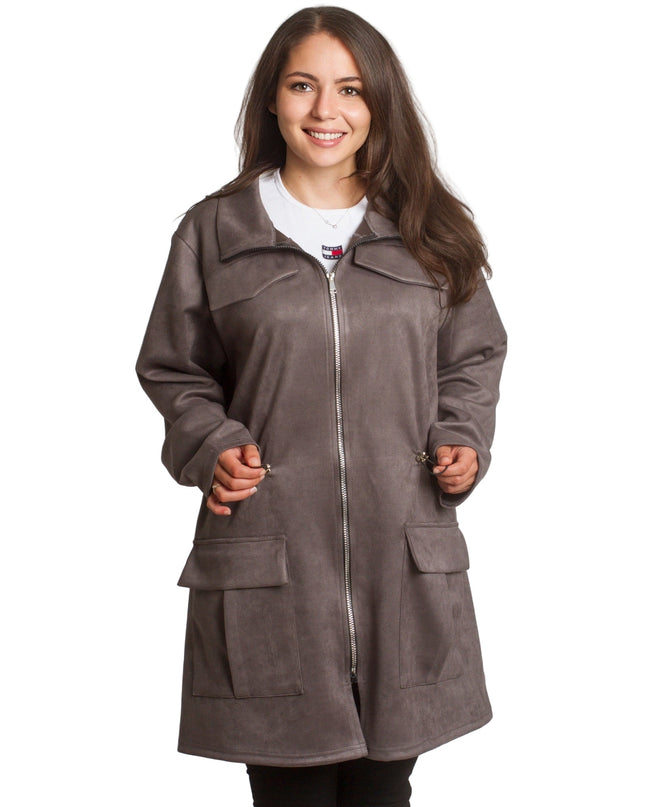 Γυναικεία γκρι παλτοζακέτα με τσέπες και κορδόνι στη μέση