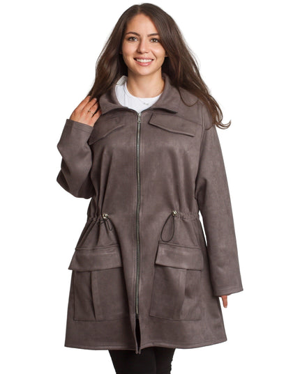 Γυναικεία γκρι παλτοζακέτα με τσέπες και κορδόνι στη μέση