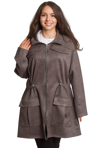 Γυναικεία γκρι παλτοζακέτα με τσέπες και κορδόνι στη μέση