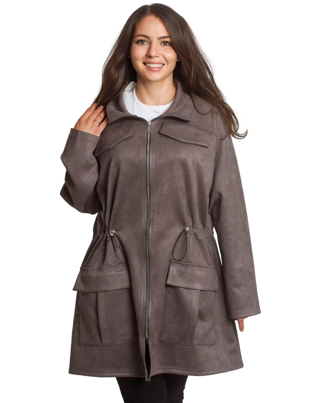 Γυναικεία γκρι παλτοζακέτα με τσέπες και κορδόνι στη μέση