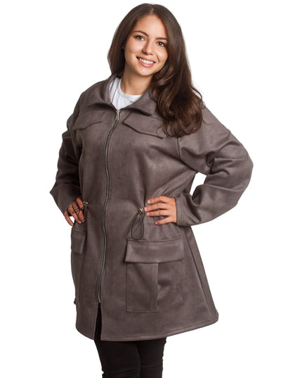 Γυναικεία γκρι παλτοζακέτα με τσέπες και κορδόνι στη μέση