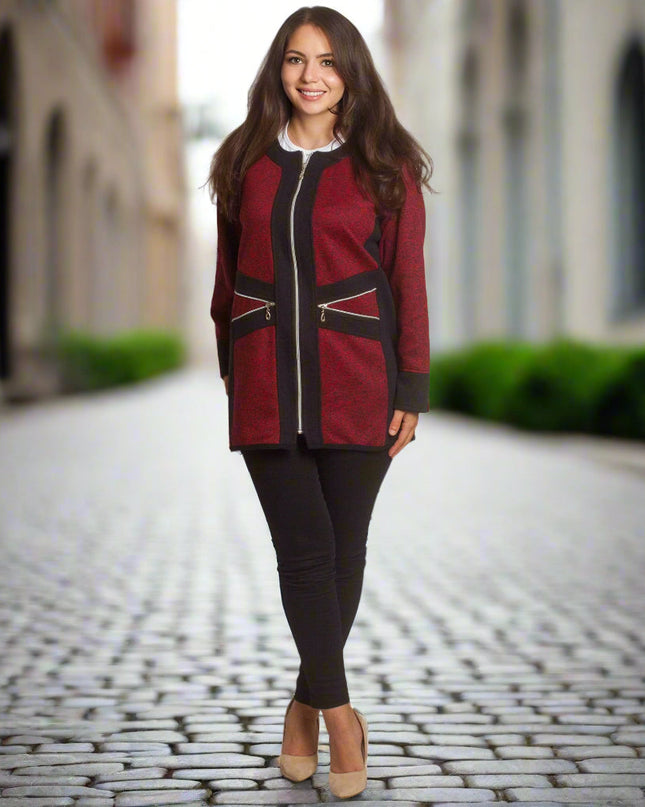 Ζακέτα μπορντό με φερμουάρ και διακοσμητικές τσέπες