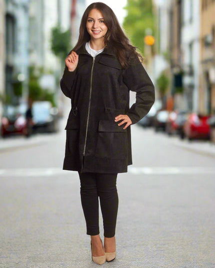 Μακρυά παλτοζακέτα με κορδόνι στη μέση - μαύρο