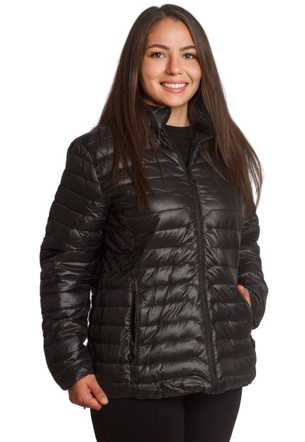 Γυναικείο μαύρο μπουφάν με κουκούλα και μεγέθη plus