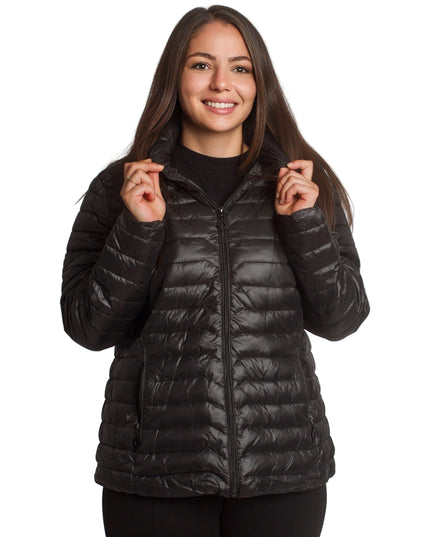 Γυναικείο μαύρο μπουφάν με κουκούλα και μεγέθη plus