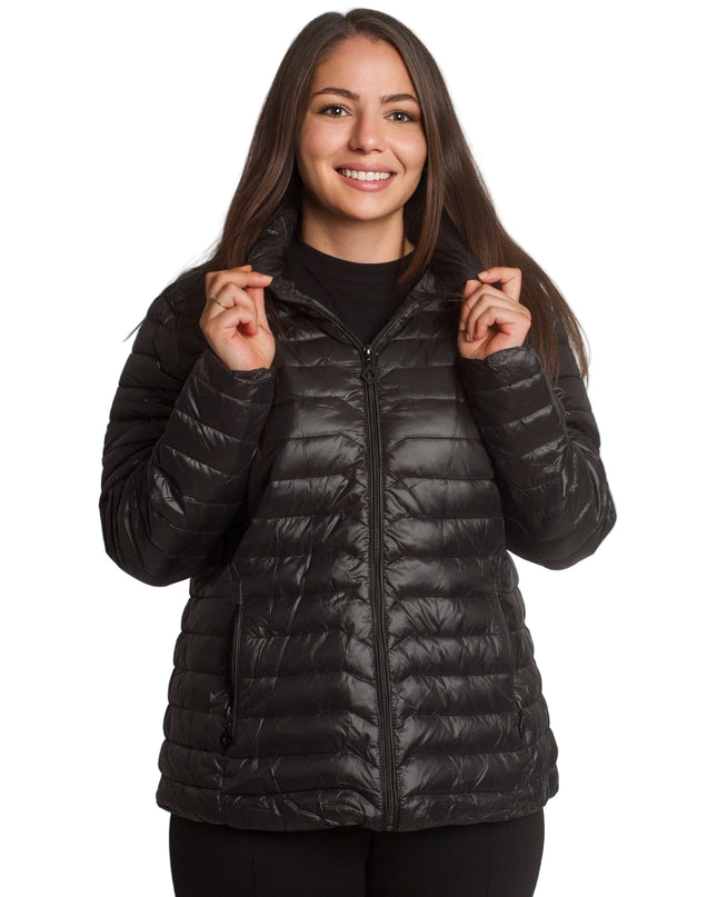 Γυναικείο μαύρο μπουφάν με κουκούλα και μεγέθη plus