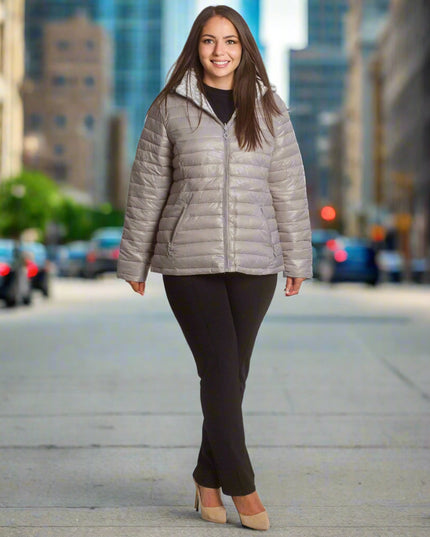 Διπλής όψης γυναικείο γκρι μπουφάν με κουκούλα