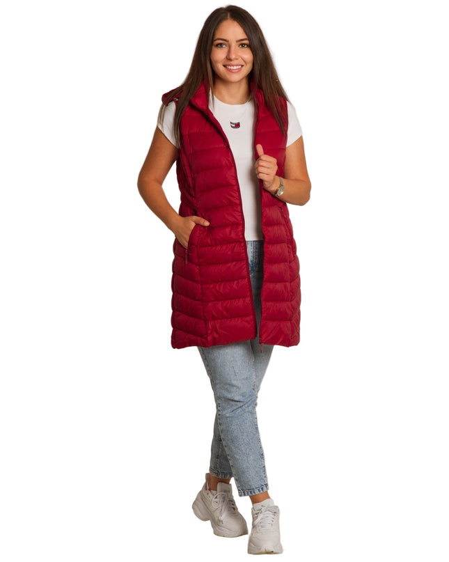 Κόκκινο γιλέκο με κουκούλα και τσέπες σε μεγάλα μεγέθη