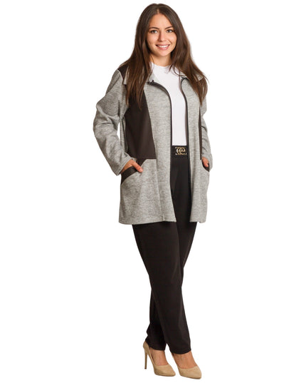 Άνετη γκρι ζακέτα με μαύρες λεπτομέρειες και φερμουάρ