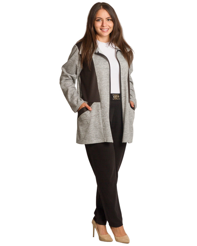 Άνετη γκρι ζακέτα με μαύρες λεπτομέρειες και φερμουάρ