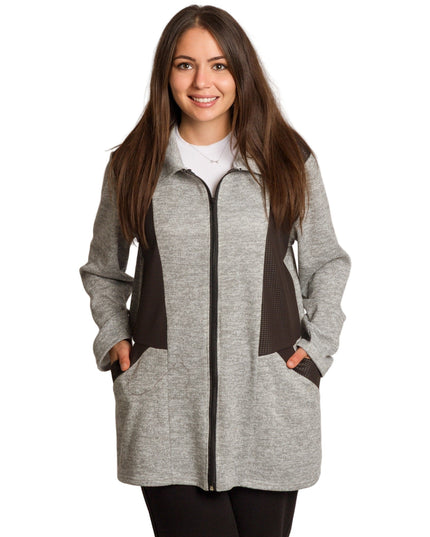 Άνετη γκρι ζακέτα με μαύρες λεπτομέρειες και φερμουάρ