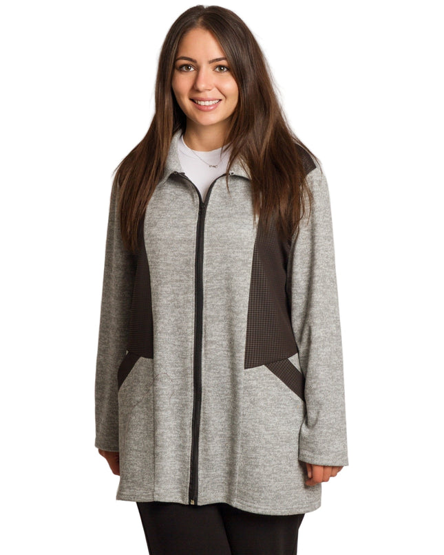 Άνετη γκρι ζακέτα με μαύρες λεπτομέρειες και φερμουάρ