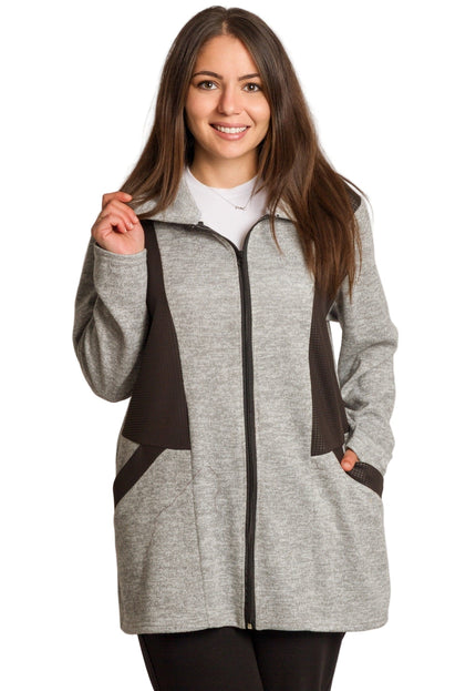 Άνετη γκρι ζακέτα με μαύρες λεπτομέρειες και φερμουάρ