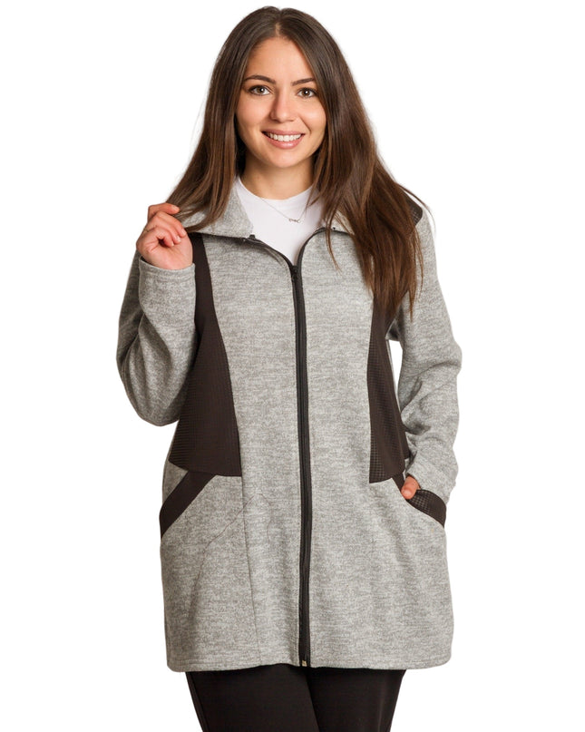 Άνετη γκρι ζακέτα με μαύρες λεπτομέρειες και φερμουάρ