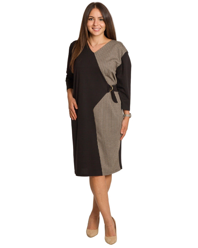 Επίσημο ίσιο φόρεμα με V ντεκολτέ και σχέδιο πιε-ντε-πουλ