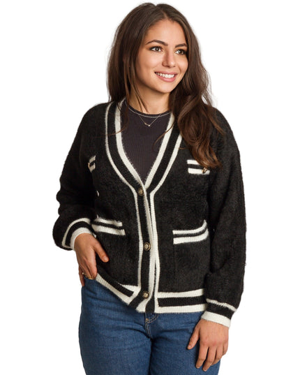 Μαύρη γυναικεία ζακέτα με λευκά τελειώματα σε μεγάλα μεγέθη