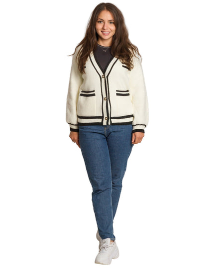 Λευκή ίσια ζακέτα με μαύρα τελειώματα σε μεγάλα μεγέθη