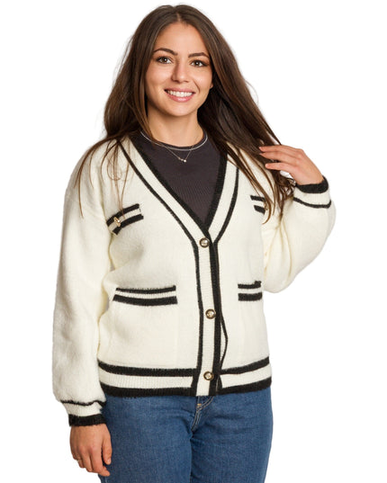 Λευκή ίσια ζακέτα με μαύρα τελειώματα σε μεγάλα μεγέθη