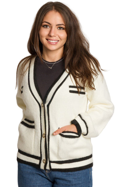 Λευκή ίσια ζακέτα με μαύρα τελειώματα σε μεγάλα μεγέθη