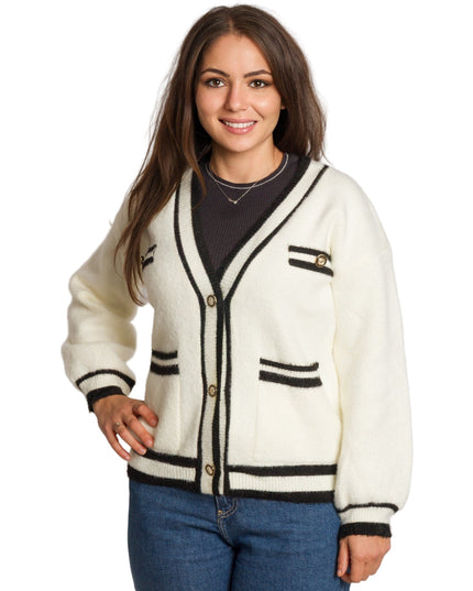 Λευκή ίσια ζακέτα με μαύρα τελειώματα σε μεγάλα μεγέθη