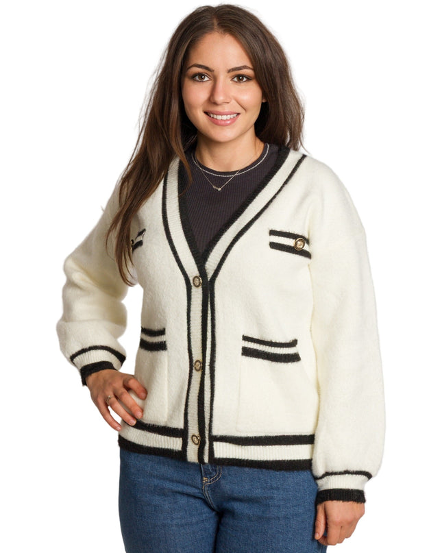 Λευκή ίσια ζακέτα με μαύρα τελειώματα σε μεγάλα μεγέθη