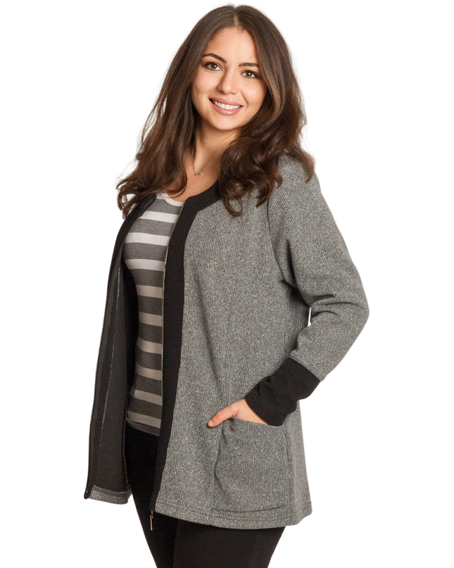 Γκρι ζακέτα με ίσια γραμμή και τσέπες, μεγάλα μεγέθη