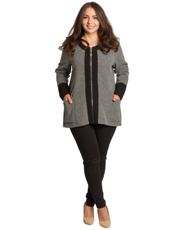 Γκρι ζακέτα με ίσια γραμμή και τσέπες, μεγάλα μεγέθη