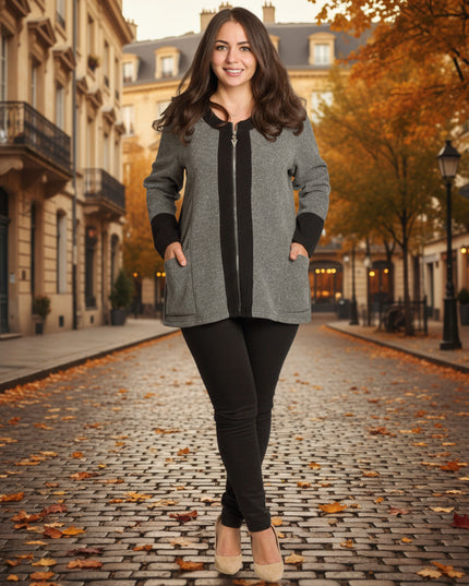 Γκρι ζακέτα με ίσια γραμμή και τσέπες, μεγάλα μεγέθη