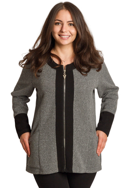 Γκρι ζακέτα με ίσια γραμμή και τσέπες, μεγάλα μεγέθη