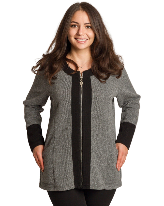 Γκρι ζακέτα με ίσια γραμμή και τσέπες, μεγάλα μεγέθη