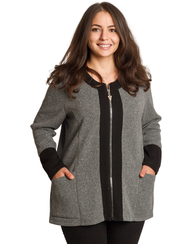 Γκρι ζακέτα με ίσια γραμμή και τσέπες, μεγάλα μεγέθη