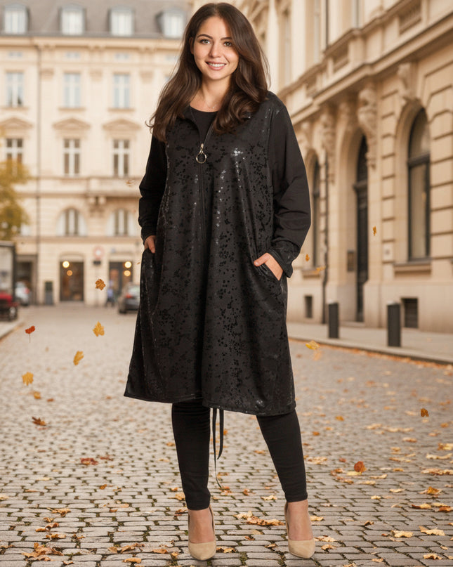 Μακρύ μαύρο μπουφάν σε μεγάλα μεγέθη με φερμουάρ