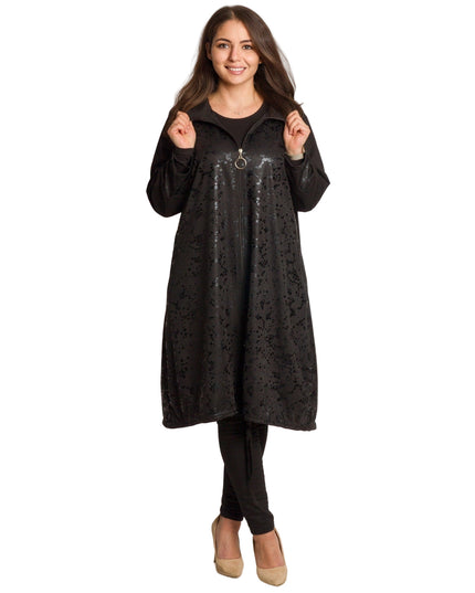 Μακρύ μαύρο μπουφάν σε μεγάλα μεγέθη με φερμουάρ