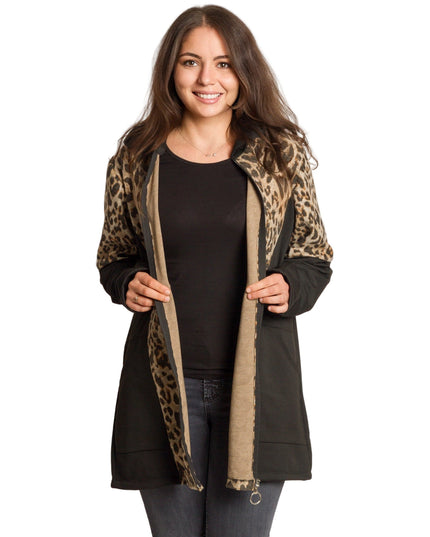 Μαύρη ζακέτα με λεοπάρ print και κουκούλα σε μεγάλα μεγέθη