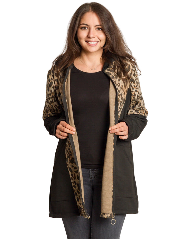 Μαύρη ζακέτα με λεοπάρ print και κουκούλα σε μεγάλα μεγέθη