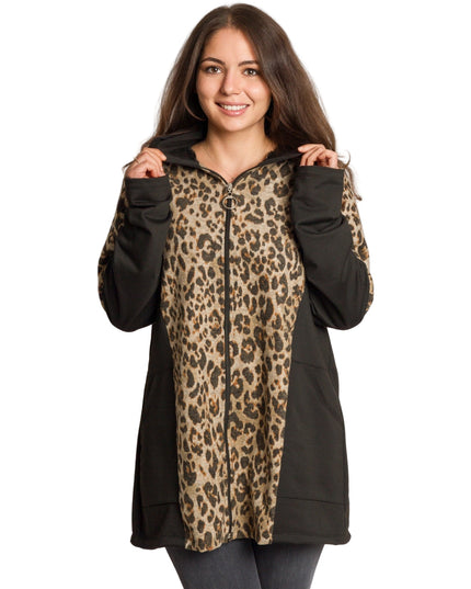 Μαύρη ζακέτα με λεοπάρ print και κουκούλα σε μεγάλα μεγέθη