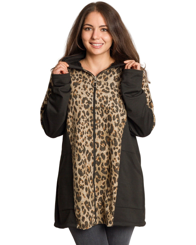 Μαύρη ζακέτα με λεοπάρ print και κουκούλα σε μεγάλα μεγέθη