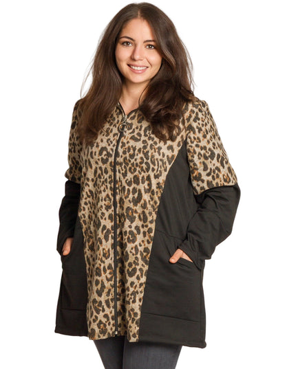 Μαύρη ζακέτα με λεοπάρ print και κουκούλα σε μεγάλα μεγέθη