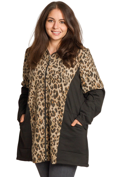 Μαύρη ζακέτα με λεοπάρ print και κουκούλα σε μεγάλα μεγέθη