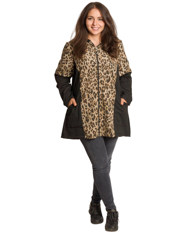 Μαύρη ζακέτα με λεοπάρ print και κουκούλα σε μεγάλα μεγέθη