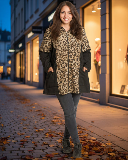 Μαύρη ζακέτα με λεοπάρ print και κουκούλα σε μεγάλα μεγέθη