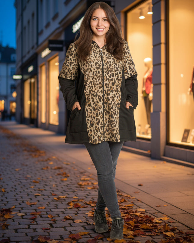 Μαύρη ζακέτα με λεοπάρ print και κουκούλα σε μεγάλα μεγέθη