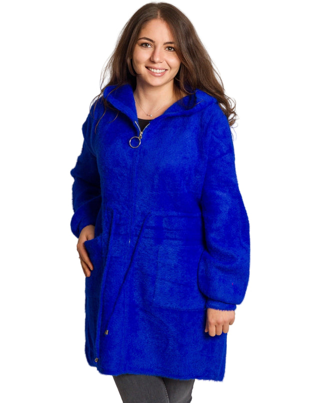 Μπλε ρουά παλτοζακέτα με κουκούλα και κορδόνια στη μέση