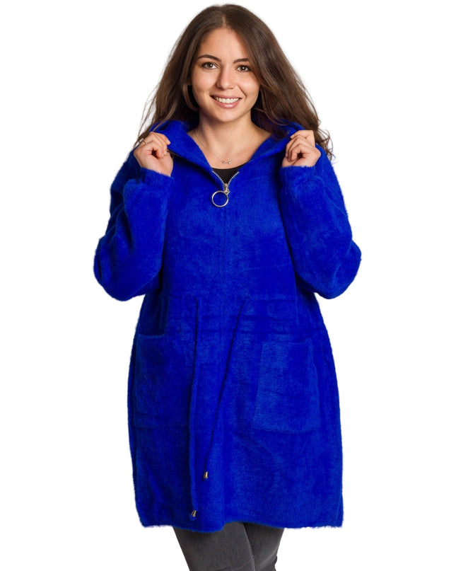 Μπλε ρουά παλτοζακέτα με κουκούλα και κορδόνια στη μέση