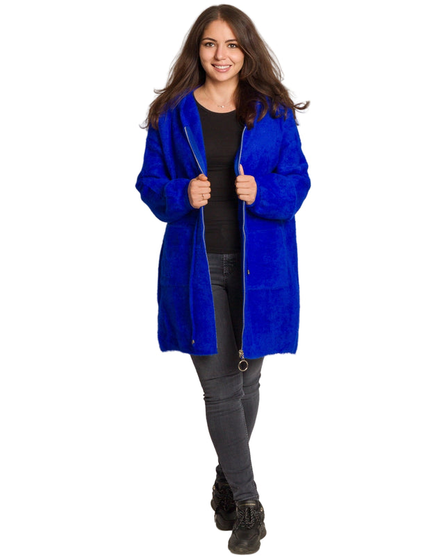 Μπλε ρουά παλτοζακέτα με κουκούλα και κορδόνια στη μέση