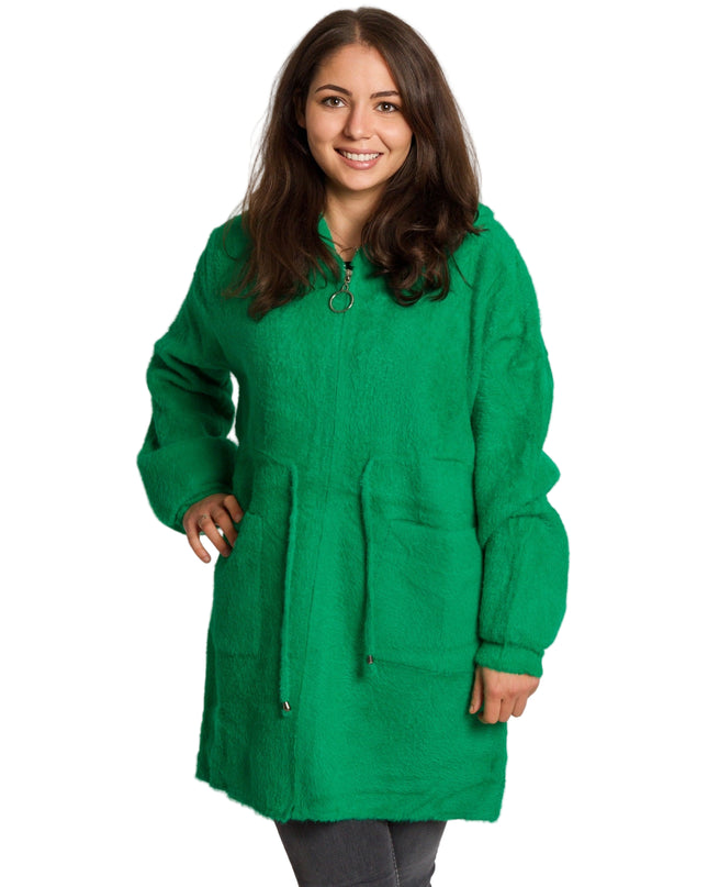 Μακρυά πράσινη παλτοζακέτα με κουκούλα και τσέπες