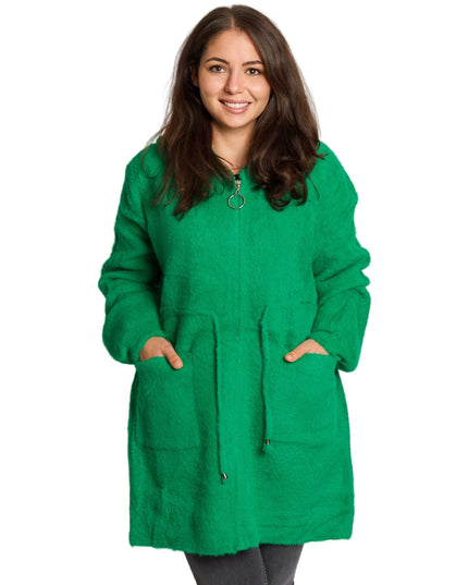 Μακρυά πράσινη παλτοζακέτα με κουκούλα και τσέπες