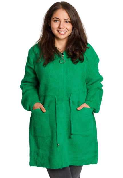 Μακρυά πράσινη παλτοζακέτα με κουκούλα και τσέπες